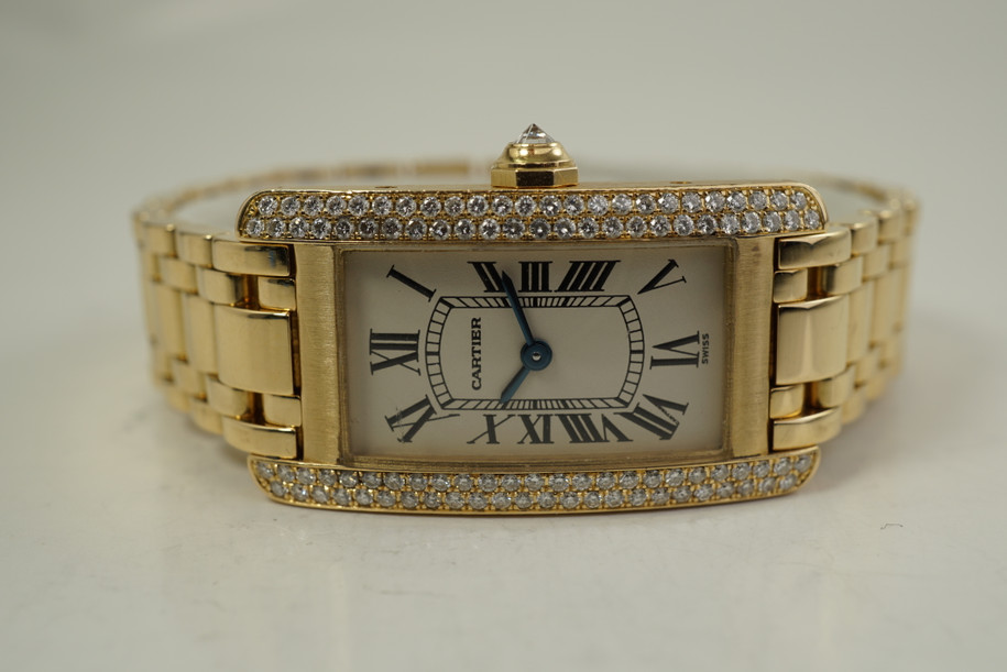 Cartier 1710 Tank Americaine 18k yellow gold ladies w/ factory diamonds c. 2000's modern pre owned for sale houston fabsuisse