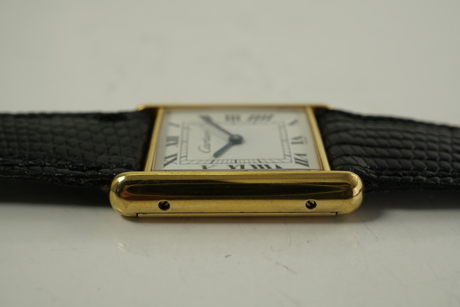 Cartier Tank vermeil .925 silver mechanical wind dates 1970's vintage pre owned for sale houston fabsuisse