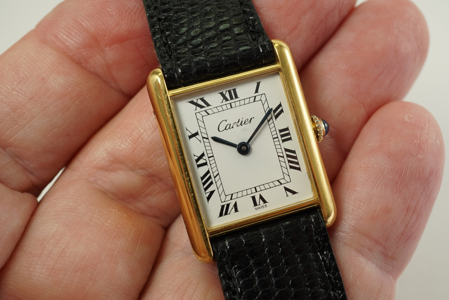 Cartier Tank vermeil .925 silver mechanical wind dates 1970's vintage pre owned for sale houston fabsuisse