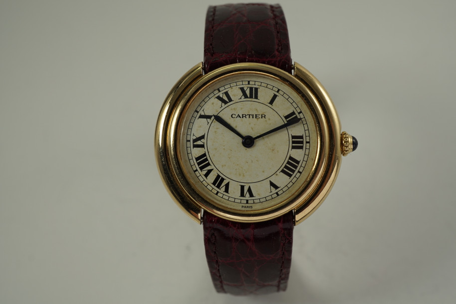 Cartier Vendome rare automatic 18k yellow gold man's model dates 1970's vintage pre owned for sale houston fabsuisse