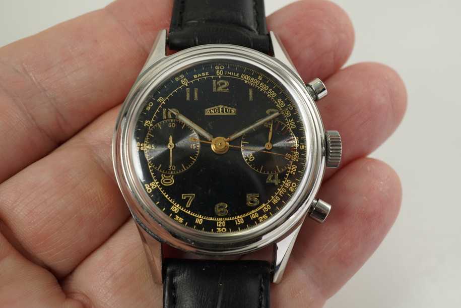 Angelus 215 Chronograph stainless steel dates 1950's vintage pre owned for sale houston fabsuisse