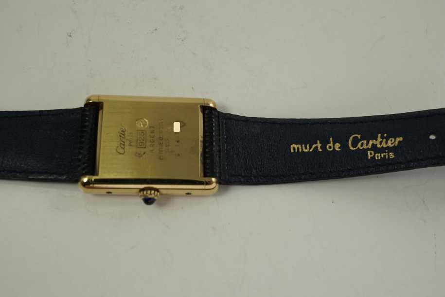 Cartier Tank Vermeil .925 blue lapis dial w/ box mint c. 1980's gold plated pre owned for sale houston fabsuisse
