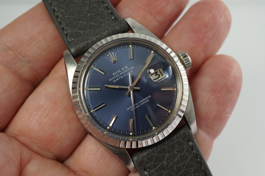 Rolex 1603 Datejust stainless steel w/ original blue pie pan dial c. 1972 vintage pre owned for sale houston fabsuisse