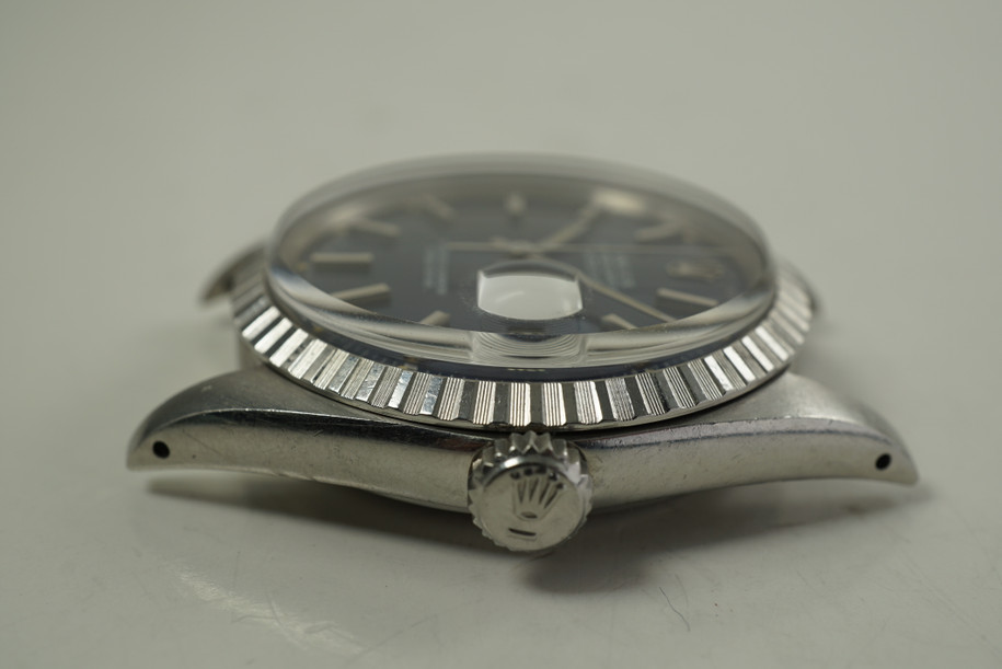 Rolex 1603 Datejust stainless steel w/ original blue pie pan dial c. 1972 vintage pre owned for sale houston fabsuisse