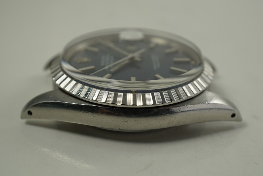 Rolex 1603 Datejust stainless steel w/ original blue pie pan dial c. 1972 vintage pre owned for sale houston fabsuisse