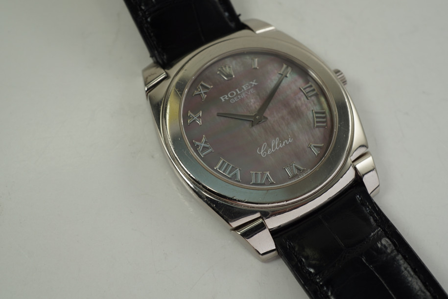 Rolex 5330 Cellini 18k white gold w/ mother of pearl dial all original dates 2001 modern for sale houston fabsuisse