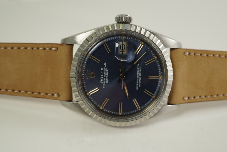 Rolex 1603 Datejust stainless steel original blue dial dates 1977 vintage pre owned for sale houston fabsuisse