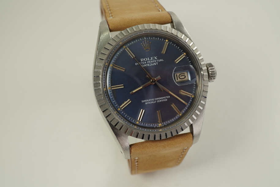 Rolex 1603 Datejust stainless steel original blue dial dates 1977 vintage pre owned for sale houston fabsuisse