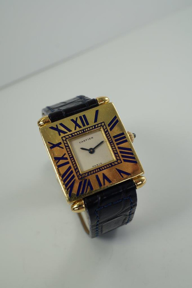 Cartier Quadrant 18k gold & enamel factory service papers & box c. 1980's pre owned for sale houston fabsuisse