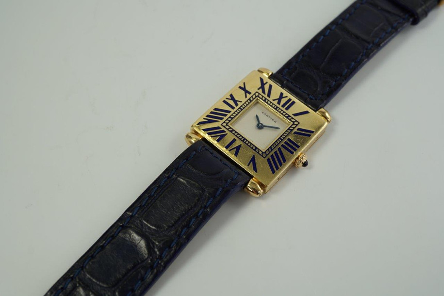 Cartier Quadrant 18k gold & enamel factory service papers & box c. 1980's pre owned for sale houston fabsuisse