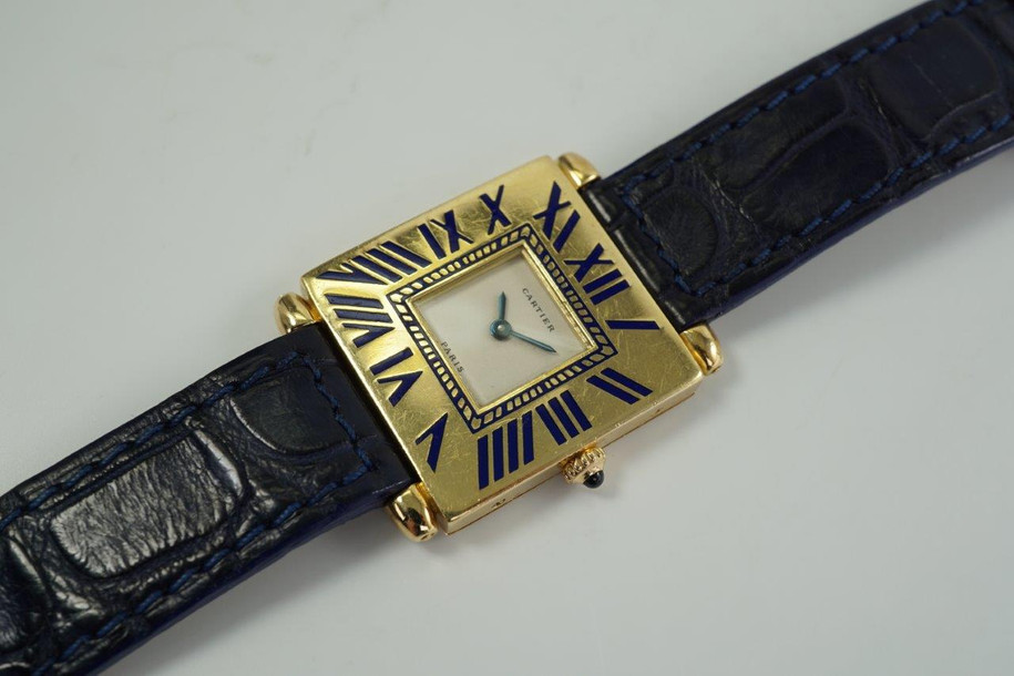 Cartier Quadrant 18k gold & enamel factory service papers & box c. 1980's pre owned for sale houston fabsuisse