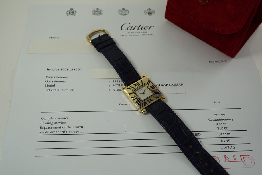 Cartier Quadrant 18k gold & enamel factory service papers & box c. 1980's pre owned for sale houston fabsuisse