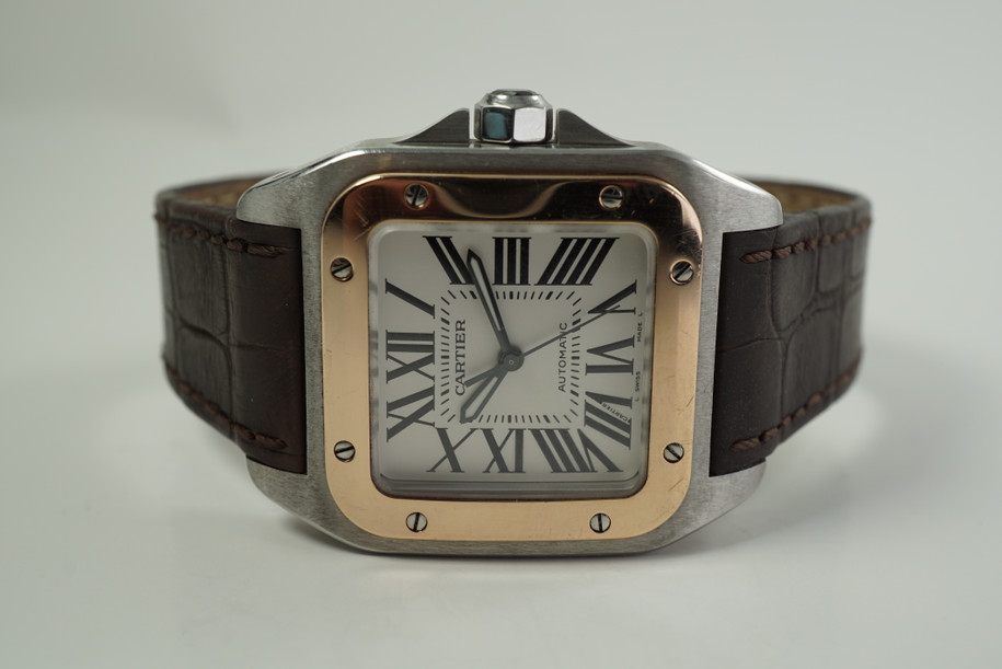 Cartier Santos 100 rose gold & stainless steel w/ box & booklets c. 2006 pre owned for sale houston fabsuisse