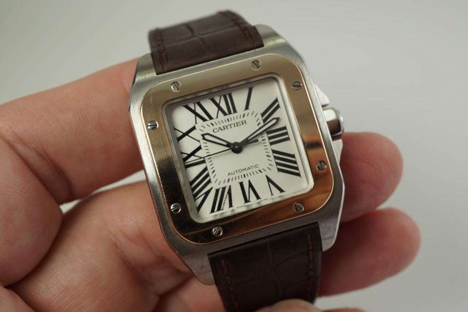 Cartier Santos 100 rose gold & stainless steel w/ box & booklets c. 2006 pre owned for sale houston fabsuisse