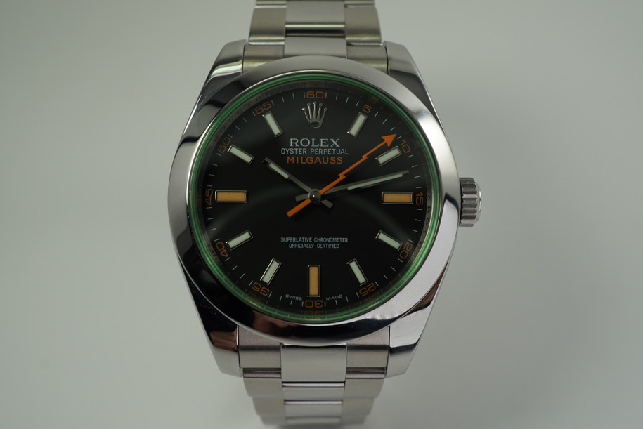 Rolex 116400GV Milgauss green crystal automatic steel c. 2008 mint all original pre owned for sale houston fabsuisse