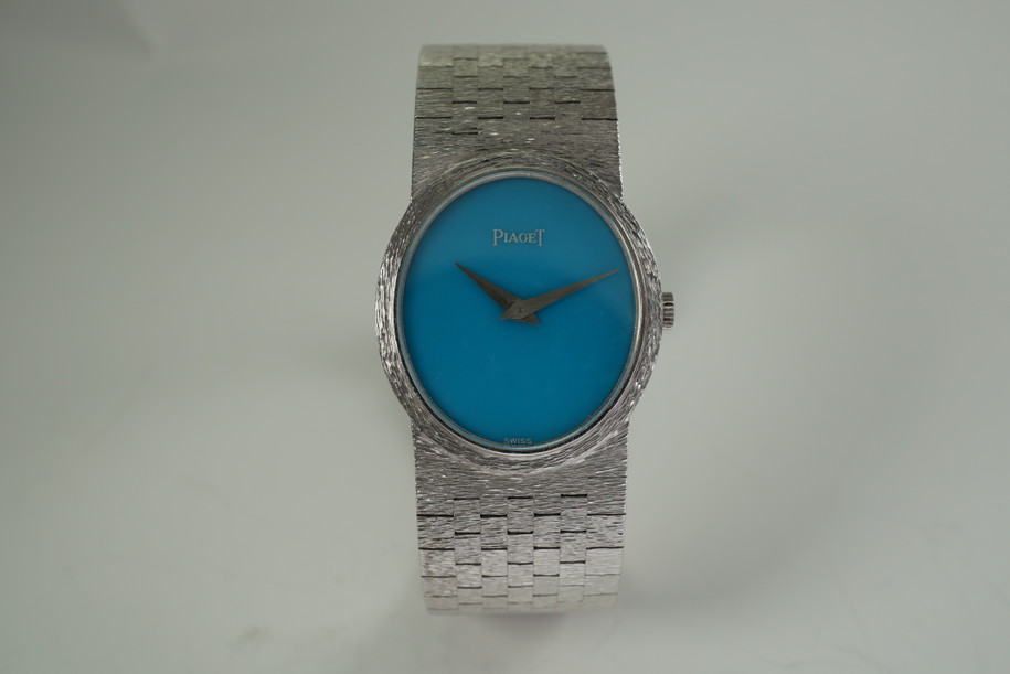 Paiget 9821 Ladies Bracelet Watch 18k white gold c. 1990's turquoise dial modern all original for sale houston fabsuisse