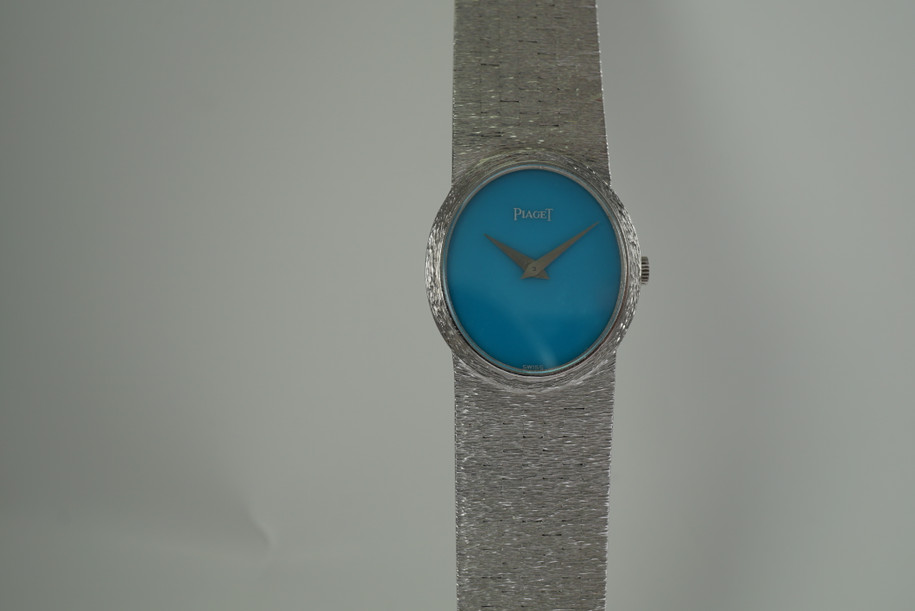 Paiget 9821 Ladies Bracelet Watch 18k white gold c. 1990's turquoise dial modern all original for sale houston fabsuisse