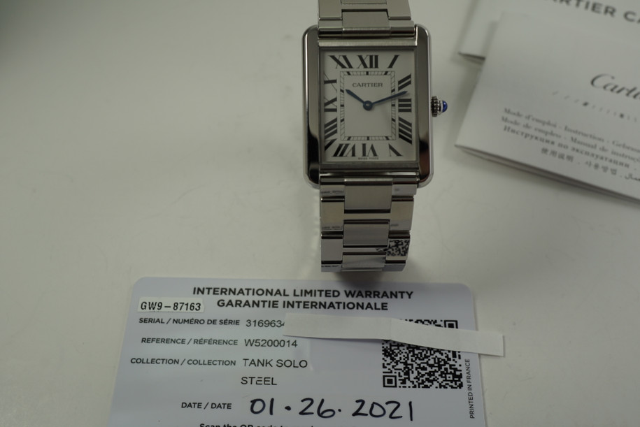 Cartier W5200014 Tank Solo box & service card stainless steel c. 2021 modern pre owned for sale houston fabsuisse