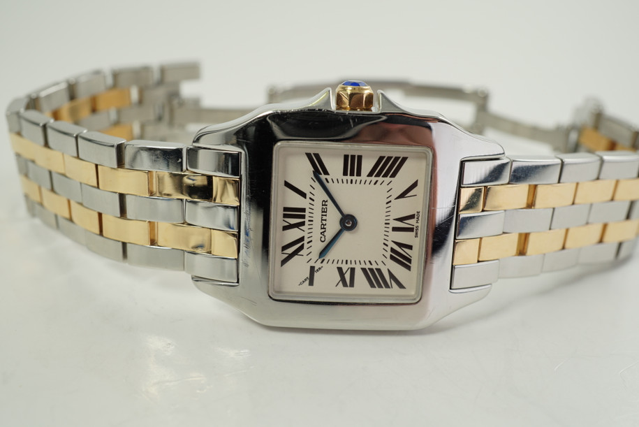 Cartier W25067Z6 Santos Demoiselle tutone large ladies model c. 2015 18k yellow gold and stainless steel pre owned modern for sale houston fabsuisse