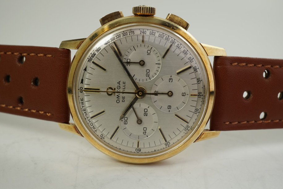 Omega 141.010 DeVille Chronograph 18k yellow gold mint condition c. 1967 vintage collector quality pre owned for sale houston fabsuisse