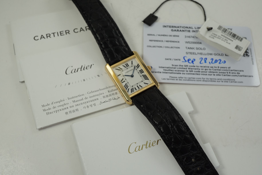 Cartier W5200004 Tank Solo 18k & steel w/ card & booklet c. 2020 modern mint condition pre owned for sale houston fabsuisse
