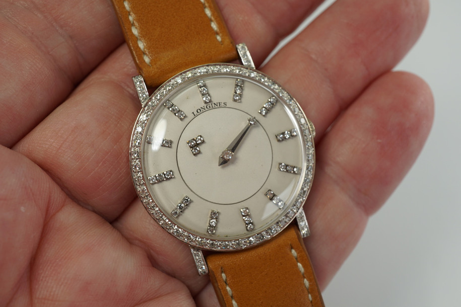 Longines Mystery Dial diamond bezel & lugs w/ 14k white gold case c. 1959 pre owned for sale houston fabsuisse