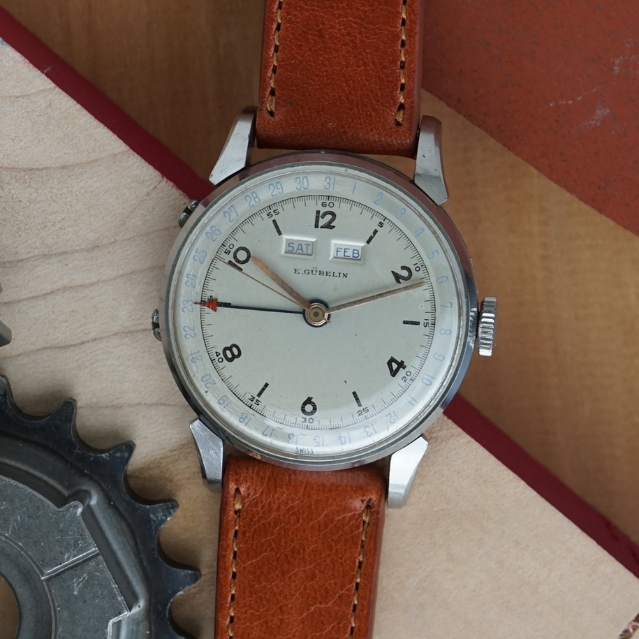 Vintage E. Gubelin Triple Calendar Watch Stainless Steel 1940s Pointer Date