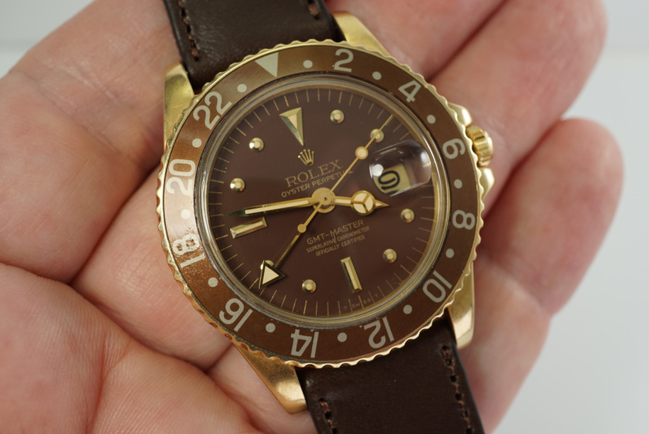 ROLEX 1675/8 GMT 18K YELLOW GOLD HEAD MATTE BROWN NIPPLE DIAL GORGEOUS C.1977-78