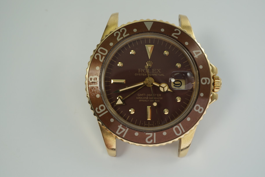 ROLEX 1675/8 GMT 18K YELLOW GOLD HEAD MATTE BROWN NIPPLE DIAL GORGEOUS C.1977-78