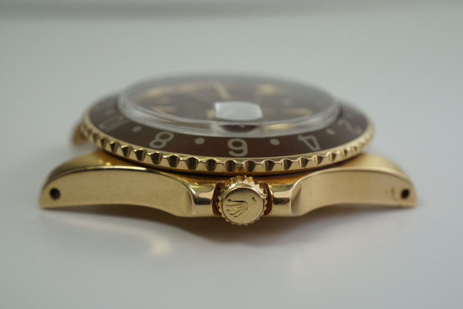 ROLEX 1675/8 GMT 18K YELLOW GOLD HEAD MATTE BROWN NIPPLE DIAL GORGEOUS C.1977-78