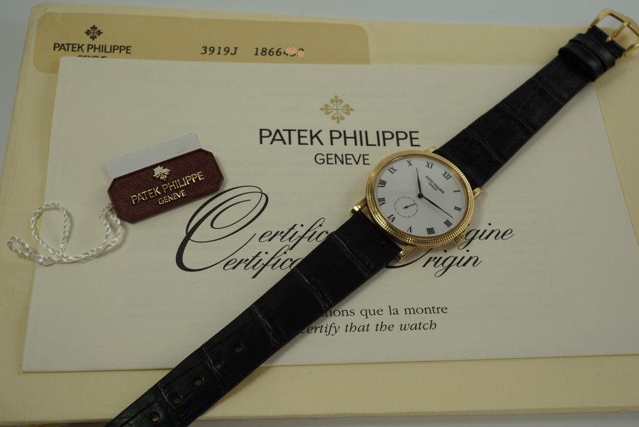 PATEK PHILIPPE 3919J CALATRAVA 18K YELLOW COMPLETE BOX PAPERS TAG