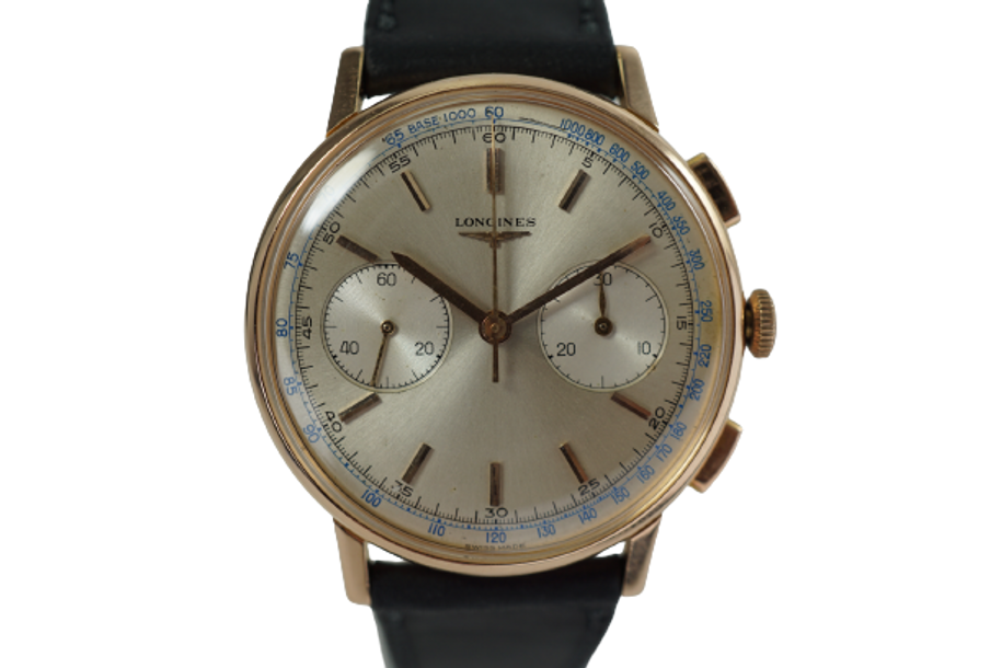  Longines 18k Rose Gold 7414 Chronograph 30CH Flyback with Box c. 1962