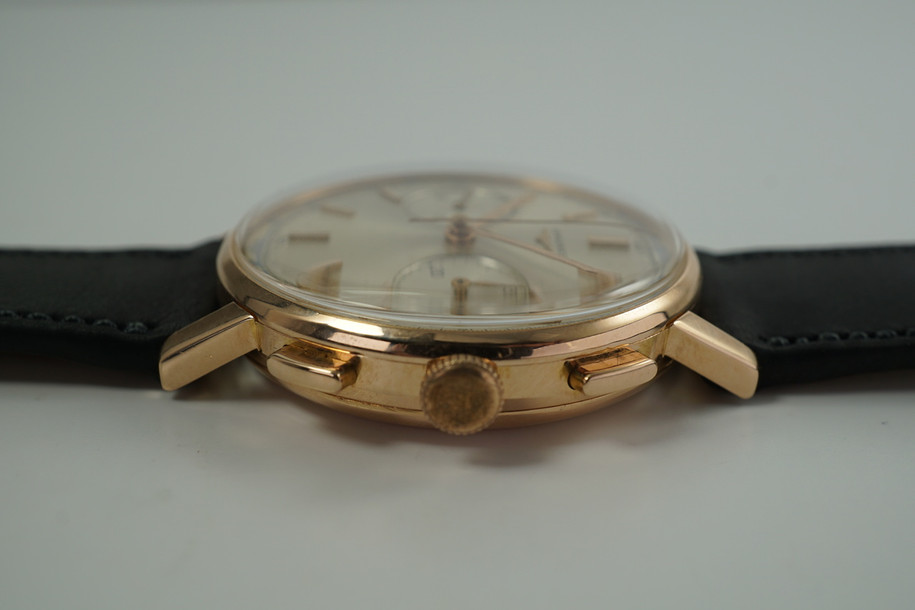  Longines 18k Rose Gold 7414 Chronograph 30CH Flyback with Box c. 1962