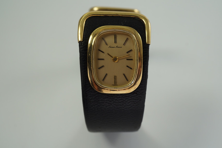 Neiman Marcus 18k Yellow Gold Ebel Leather Cuff Bracelet Watch c. 1960’s