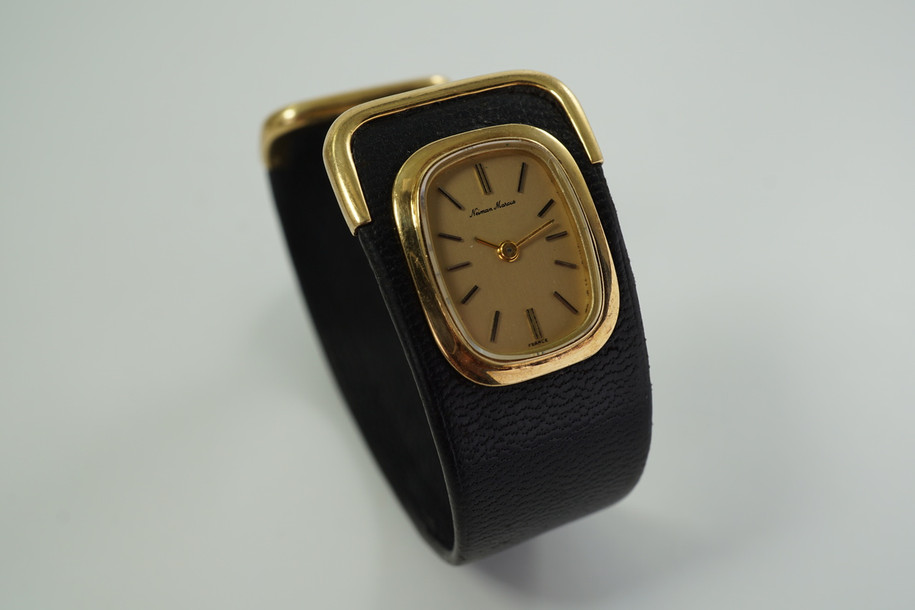 Neiman Marcus 18k Yellow Gold Ebel Leather Cuff Bracelet Watch c. 1960’s