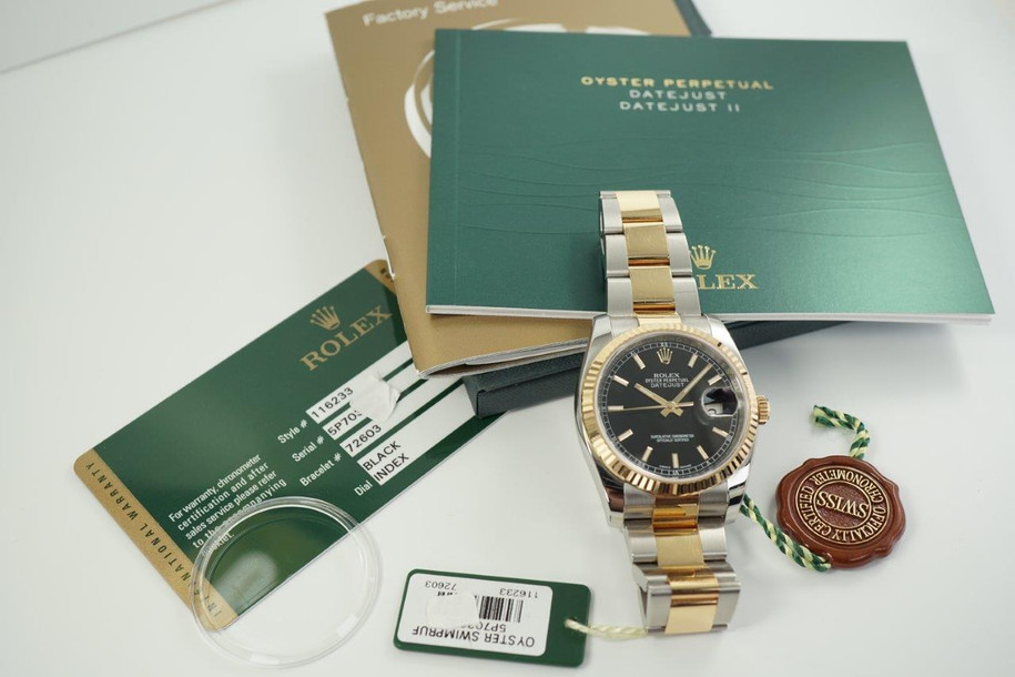 Rolex 116233 Datejust Oyster 18k yellow gold stainless steel Box Cards c. 2014