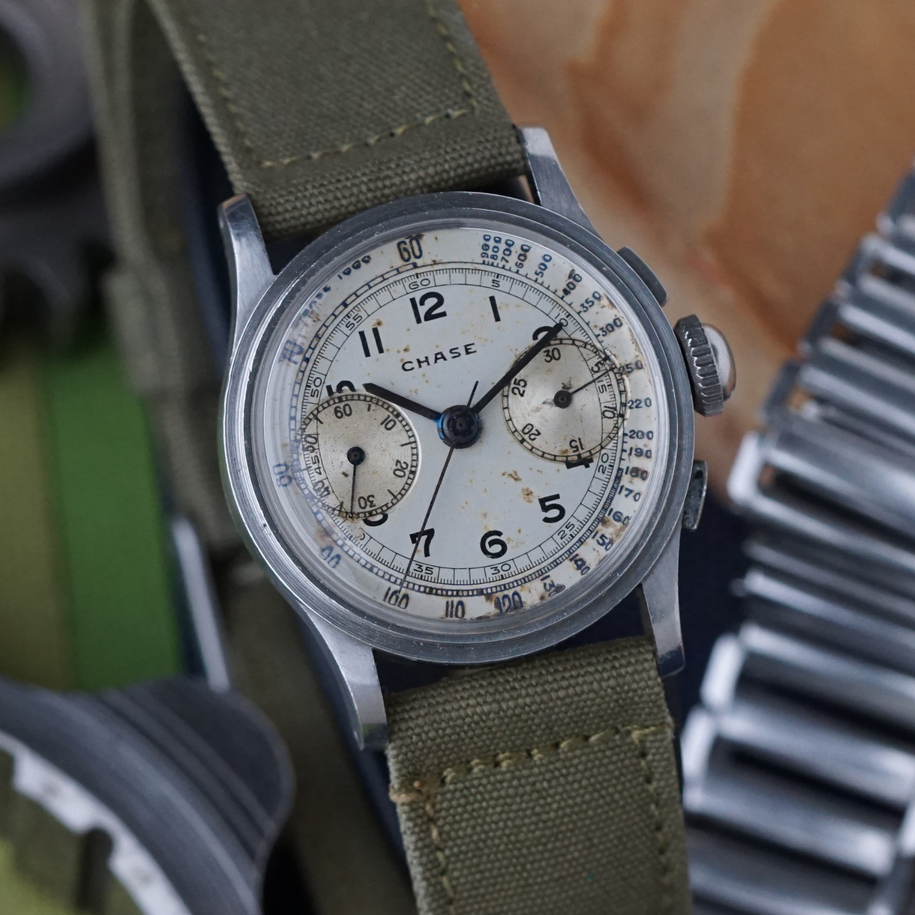 Chase Watch Co. Vintage Chronograph Valjoux 69 Staybrite Steel 1940s 26.5mm