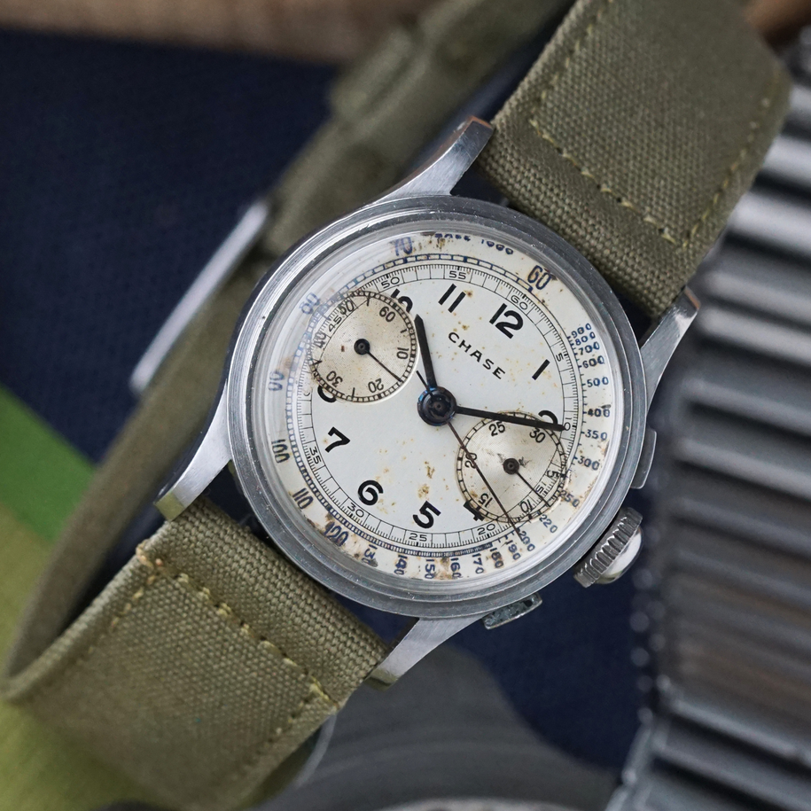 Chase Watch Co. Vintage Chronograph Valjoux 69 Staybrite Steel 1940s 26.5mm