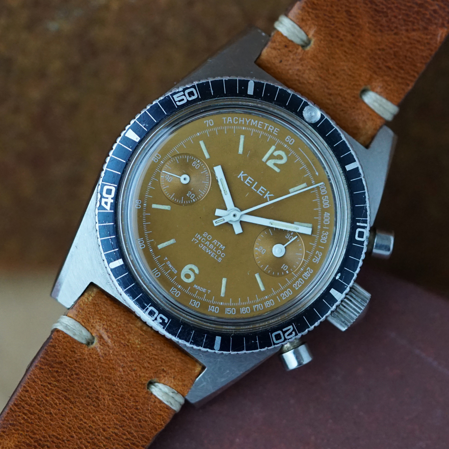 Kelek Divers Chronograph Chocolate Tropical Dial Steel 20 ATM 1960s-70s