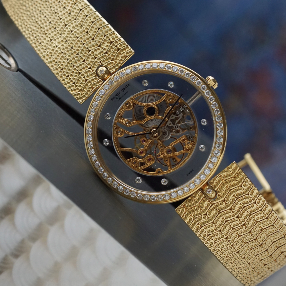 Gerald Genta 1980s Skeleton Diamond 18k Gold Convertible Bracelet G2098