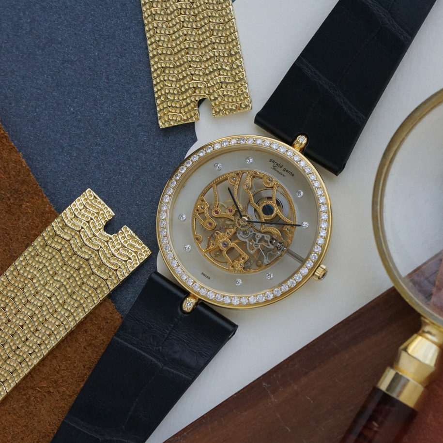 Gerald Genta 1980s Skeleton Diamond 18k Gold Convertible Bracelet G2098