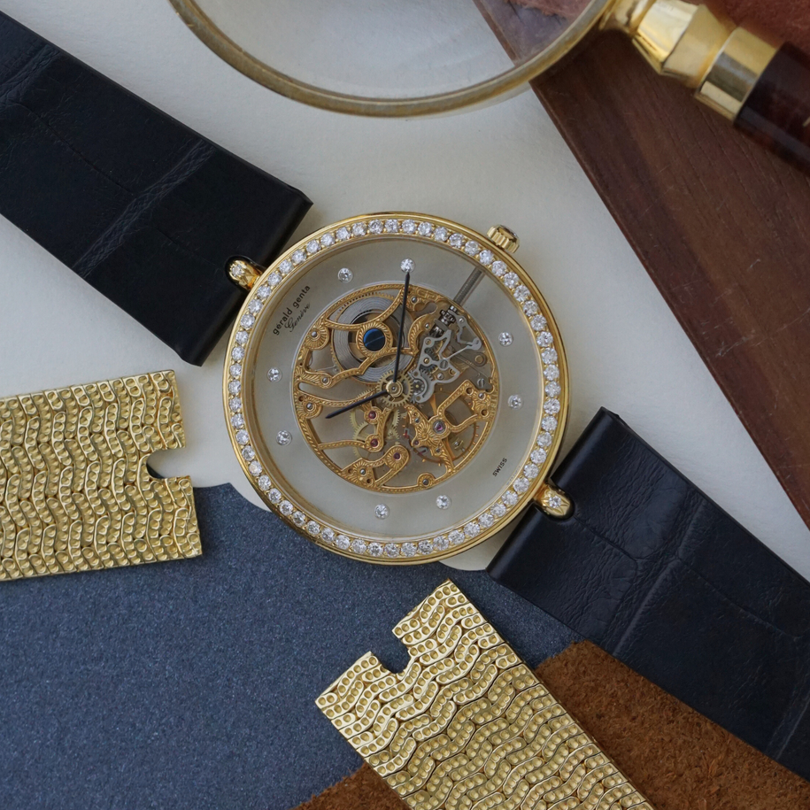 Gerald Genta 1980s Skeleton Diamond 18k Gold Convertible Bracelet G2098