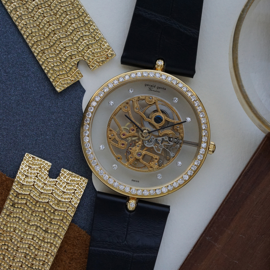 Gerald Genta 1980s Skeleton Diamond 18k Gold Convertible Bracelet G2098