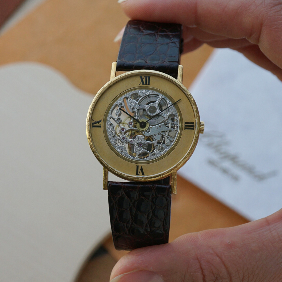 Chopard Vintage Semi Skeleton 18k Yellow Gold Certificate Tags 1981