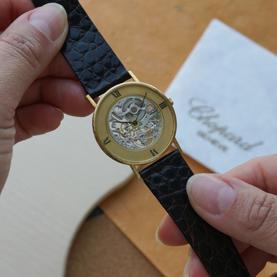 Chopard Vintage Semi Skeleton 18k Yellow Gold Certificate Tags 1981