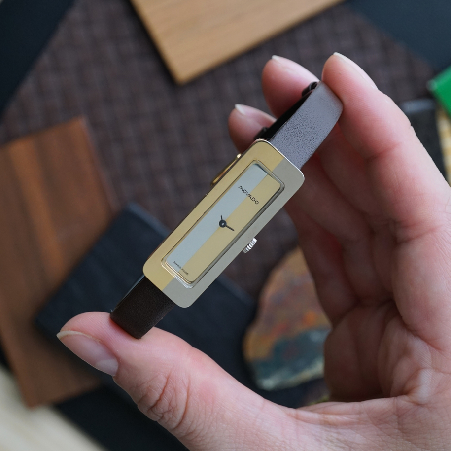 Movado 1970s Mirror Dial Two-Tone Rectangle White & Yellow Gold Box Papers Tag