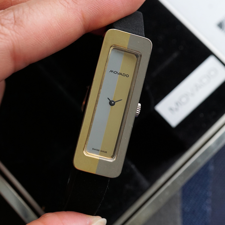 Movado 1970s Mirror Dial Two-Tone Rectangle White & Yellow Gold Box Papers Tag