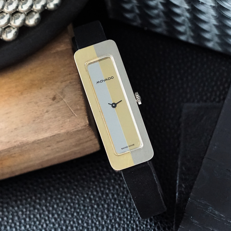 Movado 1970s Mirror Dial Two-Tone Rectangle White & Yellow Gold Box Papers Tag