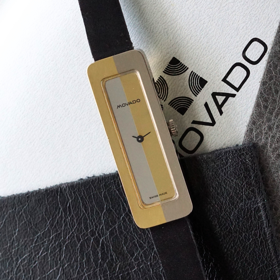 Movado 1970s Mirror Dial Two-Tone Rectangle White & Yellow Gold Box Papers Tag