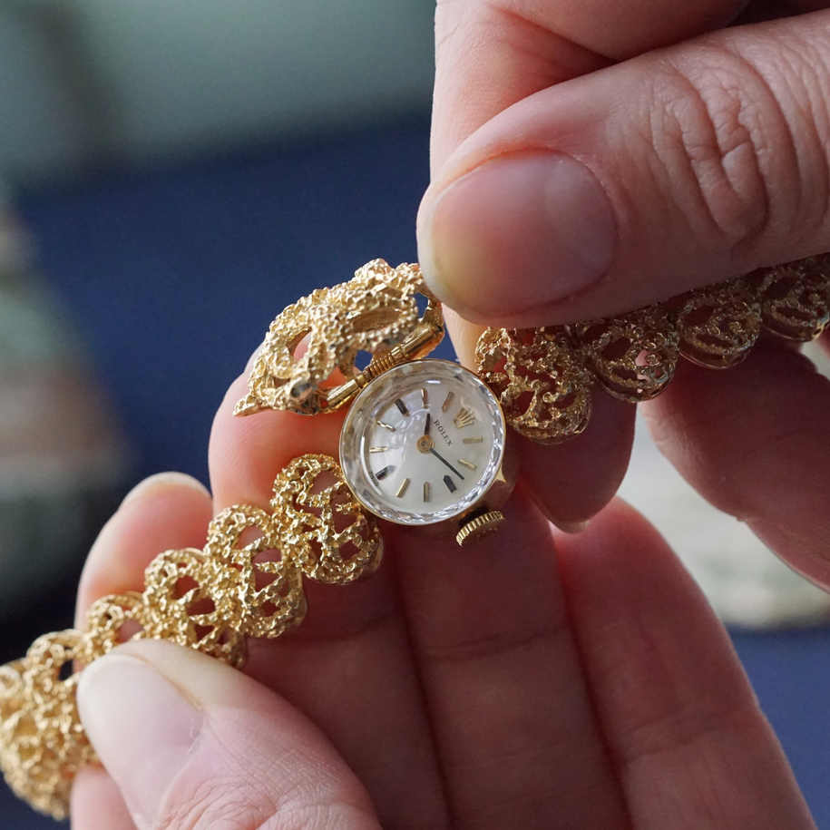 Rolex 1970s Concealed Ladies 14k Gold Cocktail Bracelet Watch